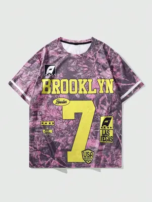 Men's Letter & Number Print Round Neck Tee, Regular Fit Casual All Over Print Short Sleeve Crew Neck T-shirt for Summer, Fash...