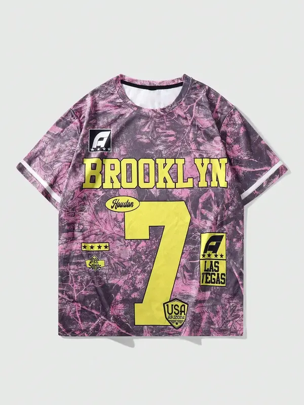 Men's Letter & Number Print Round Neck Tee, Regular Fit Casual All Over Print Short Sleeve Crew Neck T-shirt for Summer, Fash...