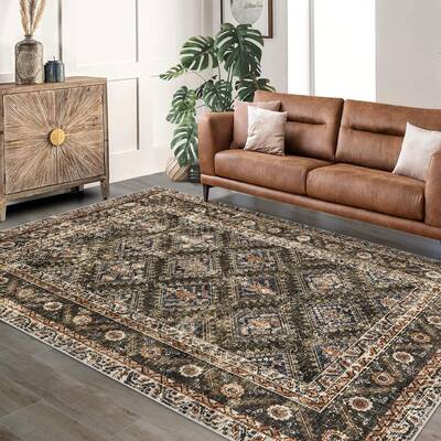 Garvee 10'x13' Washable Area Rugs, Durable Low Pile Non-Slip Brown Rug for Living Room, Office, Dining Room, Kids Room, Farmh...
