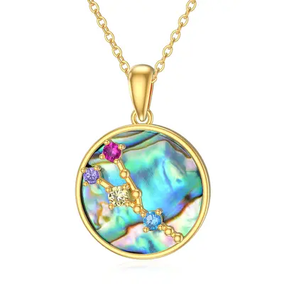 14K Gold Circular Shaped Abalone Shellfish Taurus Circle Pendant Necklace