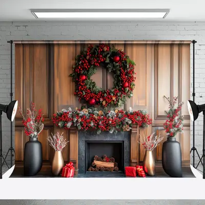 Aperturee Poinsettia Wreath Winter Christmas Indoor Photo Backdrop | Christmas Photo Backdrop | Xmas Backdrop | Christmas Bac...
