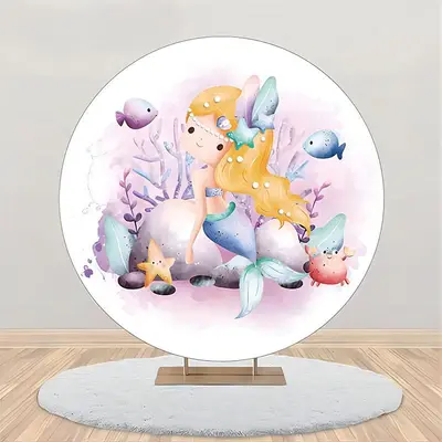 White Purple Coral Mermaid Round Birthday Backdrop - Aperturee