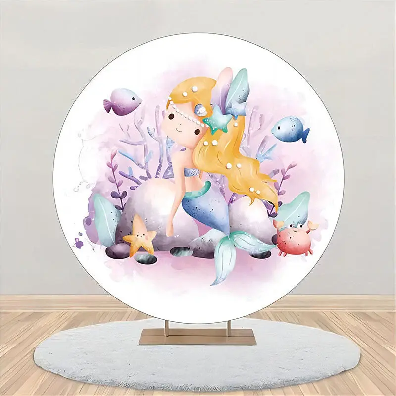 White Purple Coral Mermaid Round Birthday Backdrop - Aperturee