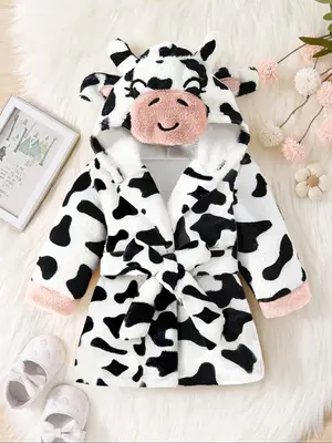 Girl's All Over Cow Print Belted Plush Hooded Coat, Cute Long Sleeve Warm Outerwear for Fall & Winter, Kids Clothes for Dai...