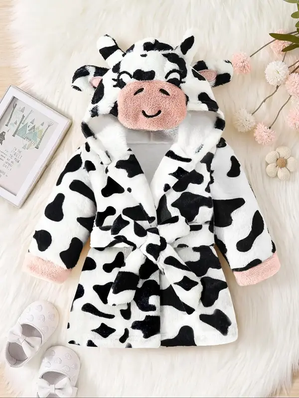 Girl's All Over Cow Print Belted Plush Hooded Coat, Cute Long Sleeve Warm Outerwear for Fall & Winter, Kids Clothes for Dai...