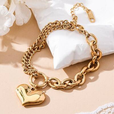 Ion Plating(IP) 304 Stainless Steel Twisted Chain & Cable Chain Heart Charm Bracelets for Women