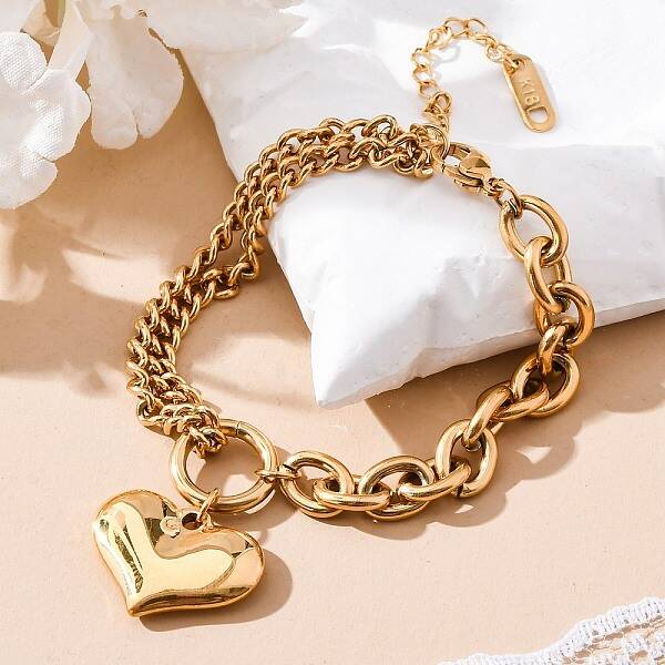 Ion Plating(IP) 304 Stainless Steel Twisted Chain & Cable Chain Heart Charm Bracelets for Women