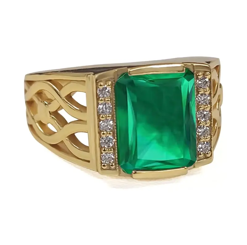 10K Gold Emerald Cut Lab Created Emerald & Diamond Wedding Band for Birthday Anniversary Christmas Fathers Day