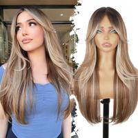 [AISI HAIR]Brown with Light Blonde Glueless Wigs for Women Pre Cut Synthetic Lace Hairline Long Layered Straight Hairstyle 26...