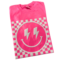 White Puff Checkered Happy Face Comfort Colors T-Shirt
