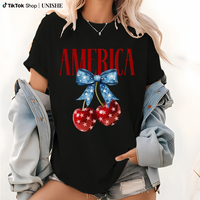 American Flag Cherry Bow T-Shirt, Fourth of July, Patriotic Tee, Independence Day, American Flag Themed, Holiday Outfit