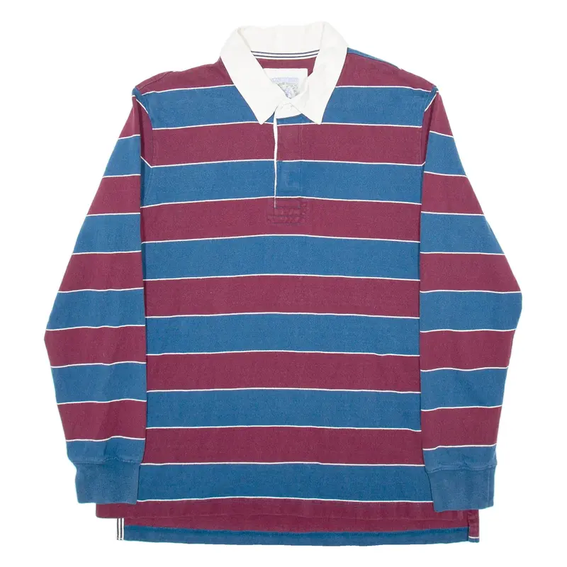 LANDS END Mens Polo Shirt Blue Striped Long Sleeve L