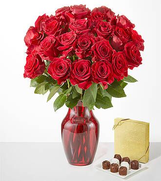 Red Rose Bouquet - 24 Roses with Red Vase and Chocolate - FedEx