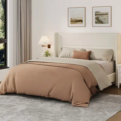 Garvee Queen Bed Frame with Wingback Headboard, Velvet Upholstered Platform Bed Frame with Sturdy Wooden Slats Support, No Bo...