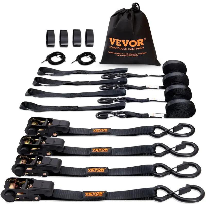 VEVOR Ratchet Tie Down Straps (4PK), 2200 lb Max Break Strength, Includes 4 Premium 1 x 15' Rachet Tie Downs with Padded Ha...