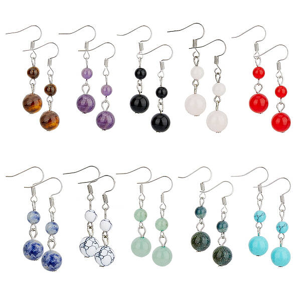 10 Pairs 10 Style Natural Mixed Gemstone Round Beaded Dangle Earrings