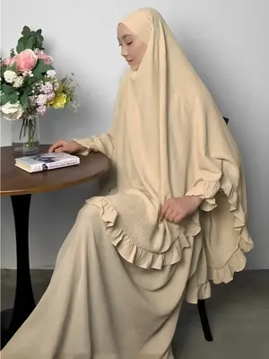 【plus Size】Eid Ramadan Muslim Women 2 Piece Abaya Set – Solid, Modest, Long Khimar with Dress, Jilbab Hijab Niqab Praye...