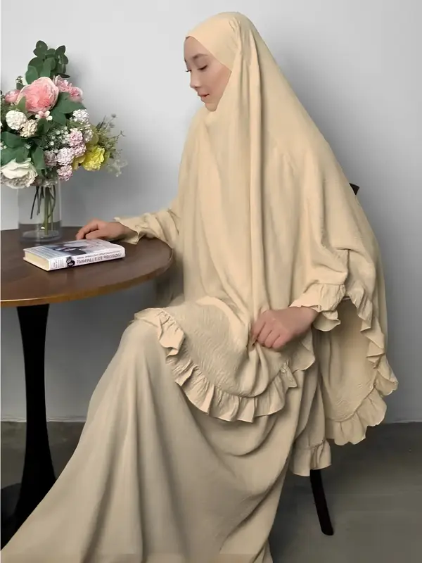 【plus Size】Eid Ramadan Muslim Women 2 Piece Abaya Set – Solid, Modest, Long Khimar with Dress, Jilbab Hijab Niqab Praye...