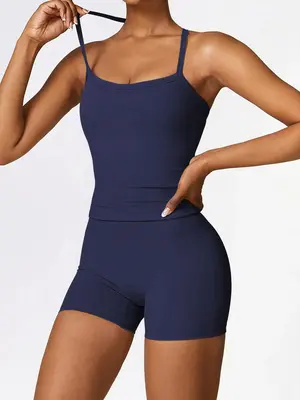 Two-Piece Set Women's Solid Backless Halter Crop Cami Top & High Waist Shorts Set, Casual Sleeveless Top & Skinny Shorts for ...