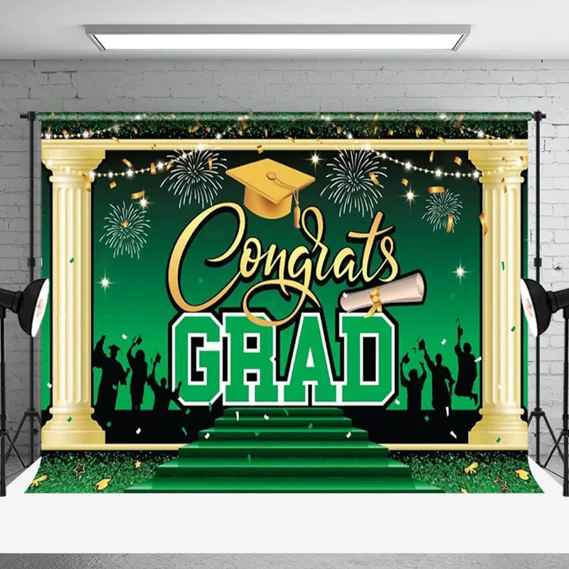 Blue Gold Cap Sparkle Congrats Grad Party Backdrop