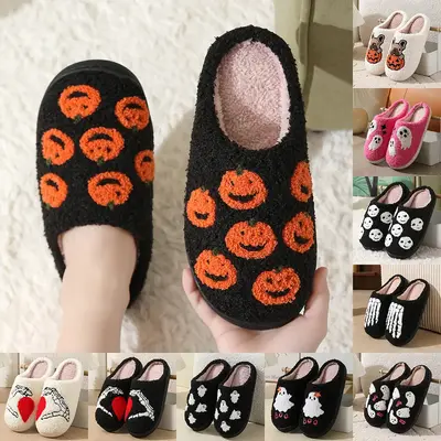Halloween Cotton Slippers Women Men Winter Shoes Cute Pumpkin Print Warm Plush Anti-slip Couples Indoor Home Footwear