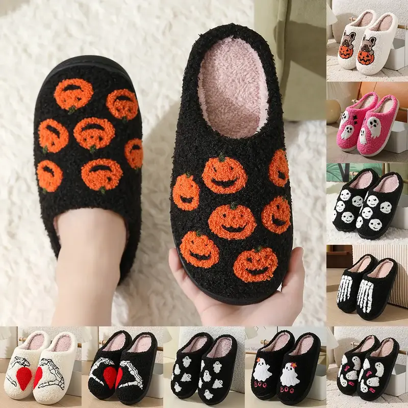 Halloween Cotton Slippers Women Men Winter Shoes Cute Pumpkin Print Warm Plush Anti-slip Couples Indoor Home Footwear