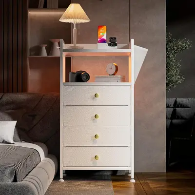 Nightstand Set With Charging Station&LED, Storage Cabinet Dresser With 4 Fabric Storage Drawers For Bedroom, Entryway Furnitu...