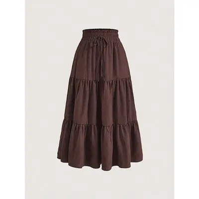 High-Waisted Maxi Skirt With Ruffled Hem, Polyester Blend, Casual Spring/Summer/Autumn Fashion, Machine Washable