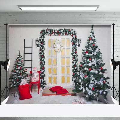 Aperturee White Wall Wreath Door Ladder Tree Xmas Backdrop - Aperturee