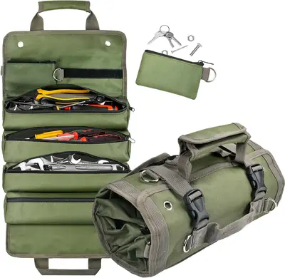 Portable Roll Up Tool Organizer Bag, Roll Tool Bag for Electricians & Mechanics, Heavy Duty Motorcycle Tool Roll Bag Organize...