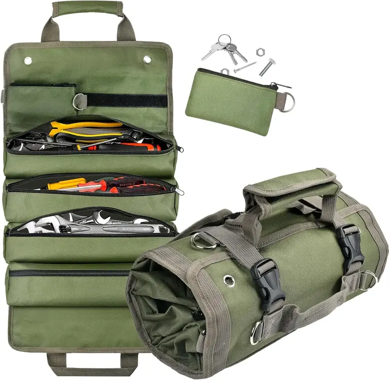 Portable Roll Up Tool Organizer Bag, Roll Tool Bag for Electricians & Mechanics, Heavy Duty Motorcycle Tool Roll Bag Organize...