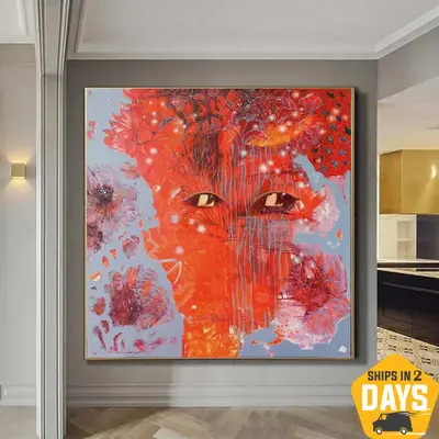 Abstract Red Paintings On Canvas Colorful Vivid Art Eyes Painting Textured Art Ukraine Artist | RED EYES 32"x32"