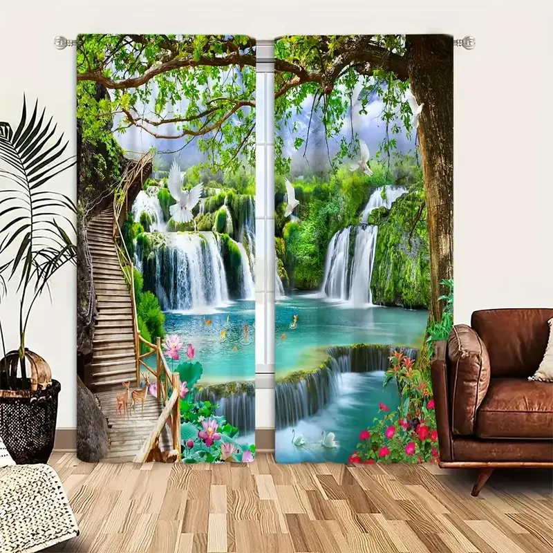 Waterfall Landscape Pattern Curtain, 2pcs/set Natural Scenery Pattern Curtain, Home Decorative Curtain for Living Room Bedroo...