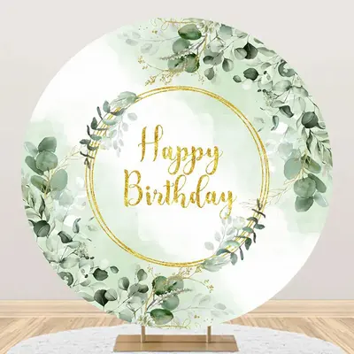 Green Gold Glitter Greenery Round Birthday Backdrop - Aperturee