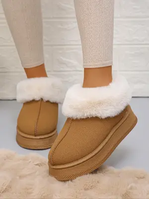 Minimalist Solid Round Toe Thick Soles Boots, Boots for Fall 2024, Casual Comfortable Fuzzy Lined Slip on Platform Boots for ...