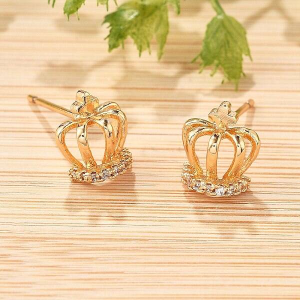 Crown Brass Micro Pave Clear Cubic Zirconia Stud Earrings for Women