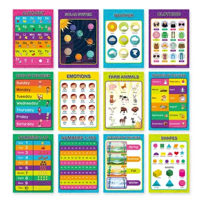 Educational Posters (12pcs), Alphabet, Solar System, Weather, Clothing, Day, Emotions, Farm Animals, Months, Numbers, Seasons...