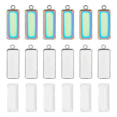 UNICRAFTALE 30pcs Rainbow Rectangle Tray Charm 10x25mm Blank Bezel Pendant with Glass Cabochons
