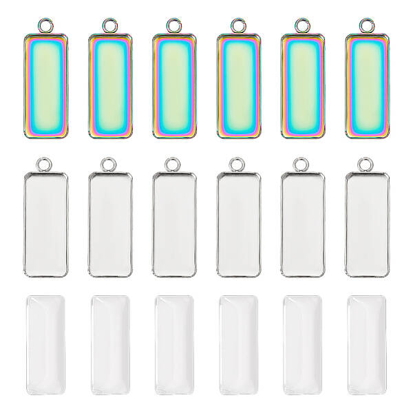 UNICRAFTALE 30pcs Rainbow Rectangle Tray Charm 10x25mm Blank Bezel Pendant with Glass Cabochons