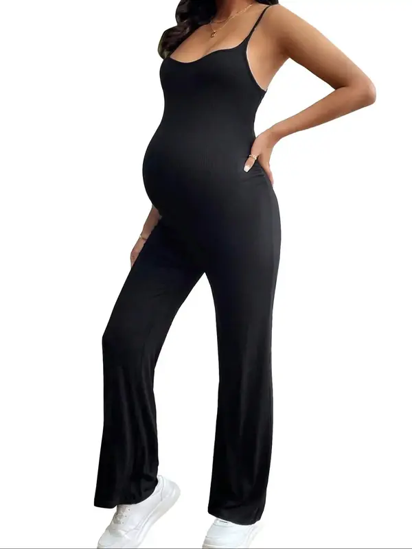 Maternity's Solid Backless Cami Jumpsuit, Casual Comfy Sleeveless Flare Leg Jumpsuit for Summer, Maternity Jumpsuit for Daily...