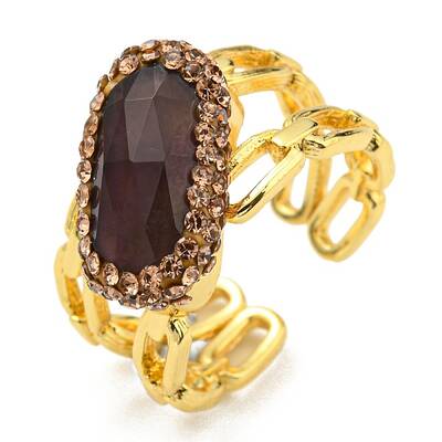 Natural Amethyst Oval Open Cuff Ring with Rhinestone