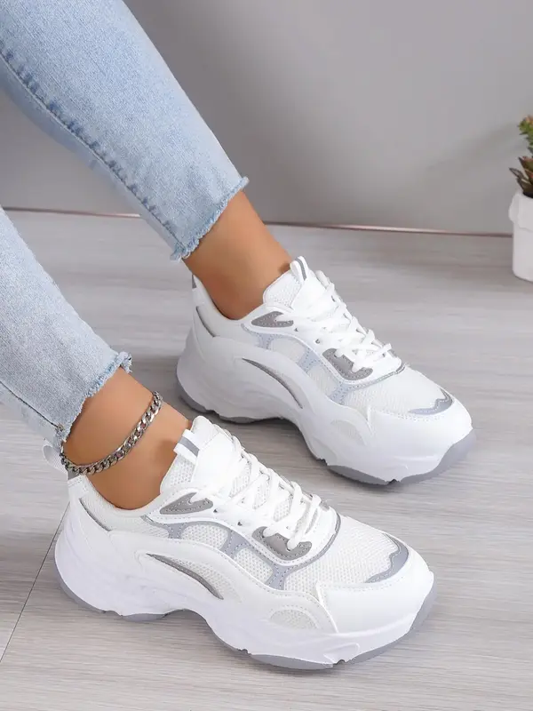 Women's Fashionable Color-block Lace-up Chunky Sneakers, Women's Jogging Shoes, Round Toe Low Top Running Shoes, Workout Snea...