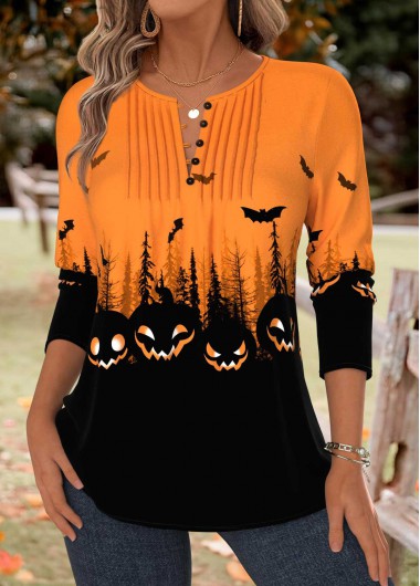 Modlily Halloween Orange Tummy Coverage Long Sleeve T Shirt - L