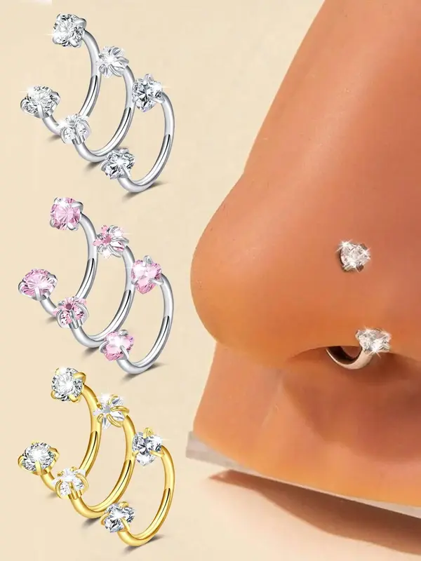 Stainless Steel CZ Inlaid Nose Ring, Fashionable Nose Ring for Women & Men, Body Jewelry for Party, Daily Clothing Decor, Tre...