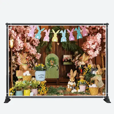 Wood Wall Floral Bunny Stuffed Toys Easter Backdrop - Aperturee