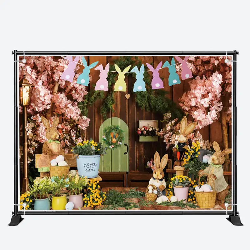 Wood Wall Floral Bunny Stuffed Toys Easter Backdrop - Aperturee