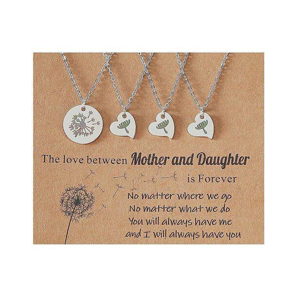 Mother and Daughter 304 Stainless Steel Dandelion Flat Round Heart Pendant Necklaces for Women