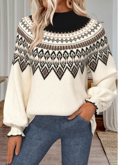 Modlily Beige Tummy Coverage Fair Isle Print Long Sleeve Sweater - M