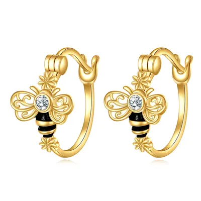 14K Gold Cubic Zirconia Bee Hoop Earrings
