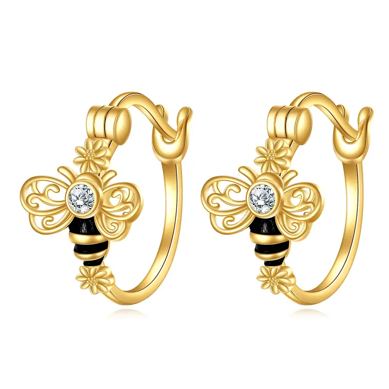14K Gold Cubic Zirconia Bee Hoop Earrings